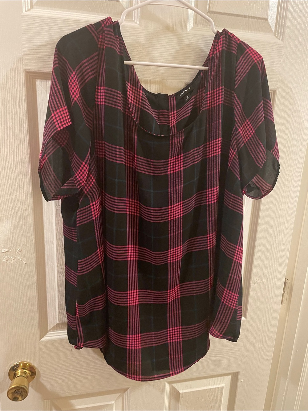 torrid 3X Black and Hot Pink Plaid Short-Sleeve Blouse